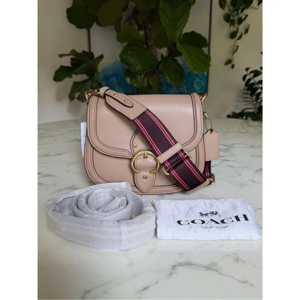 NWT COACH Glovetanned Leather Beat Saddle Bag Taupe / Brass C3738 Webbing Strap